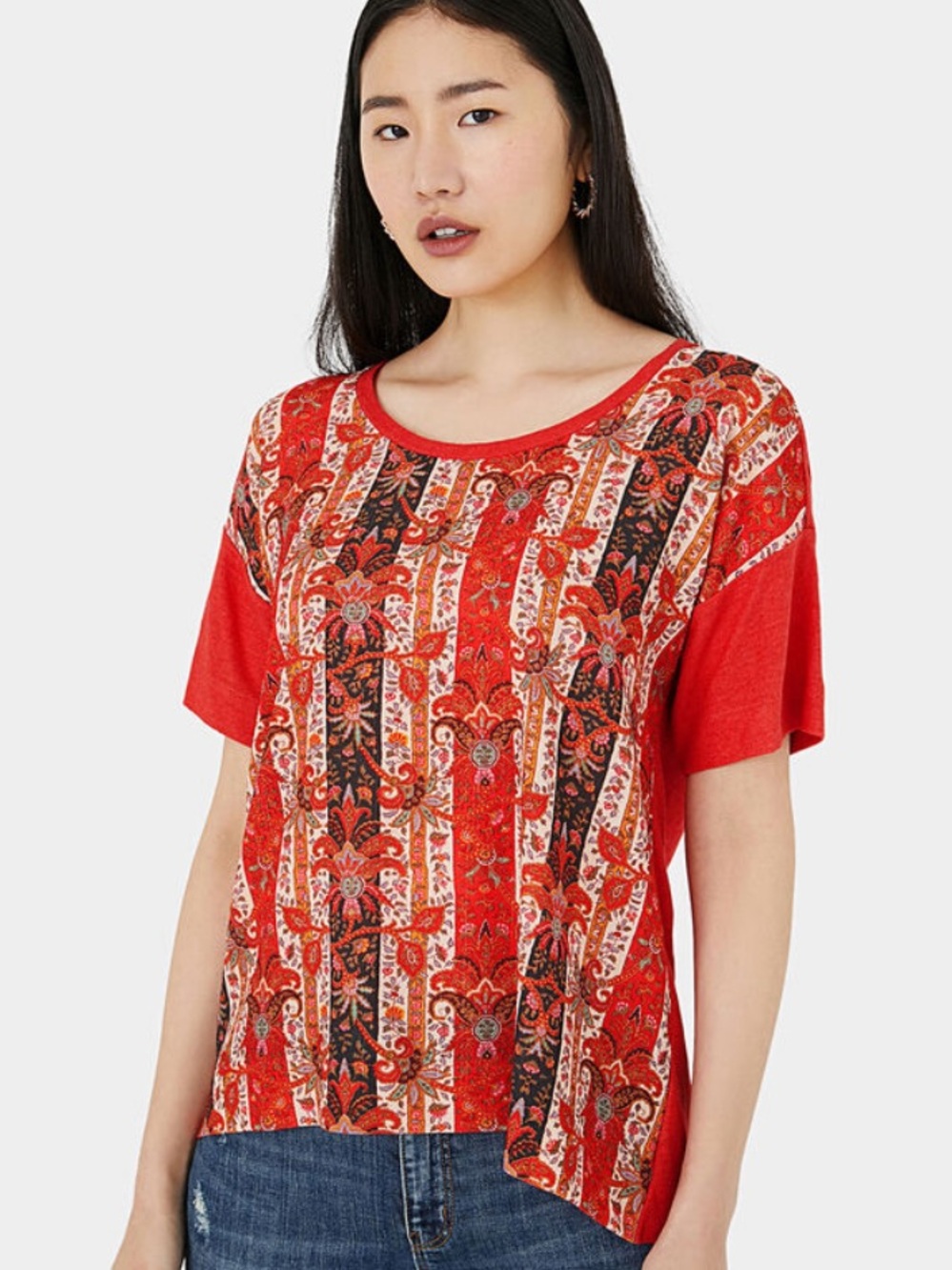 NWT Desigual Lombok Red Ethnic Boho Tee shirt Suze XS oversized